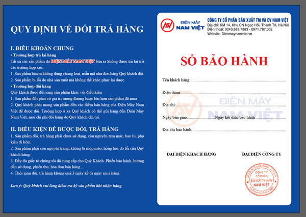 Sổ bảo hành Điện máy Nam Việt