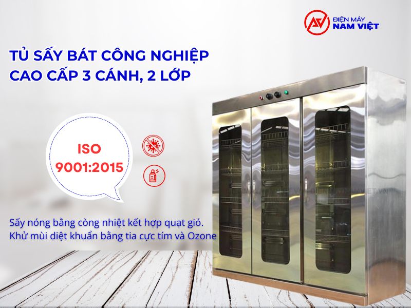 Tủ sấy bát công nghiệp 3 cánh 2 lớp, còng nhiệt