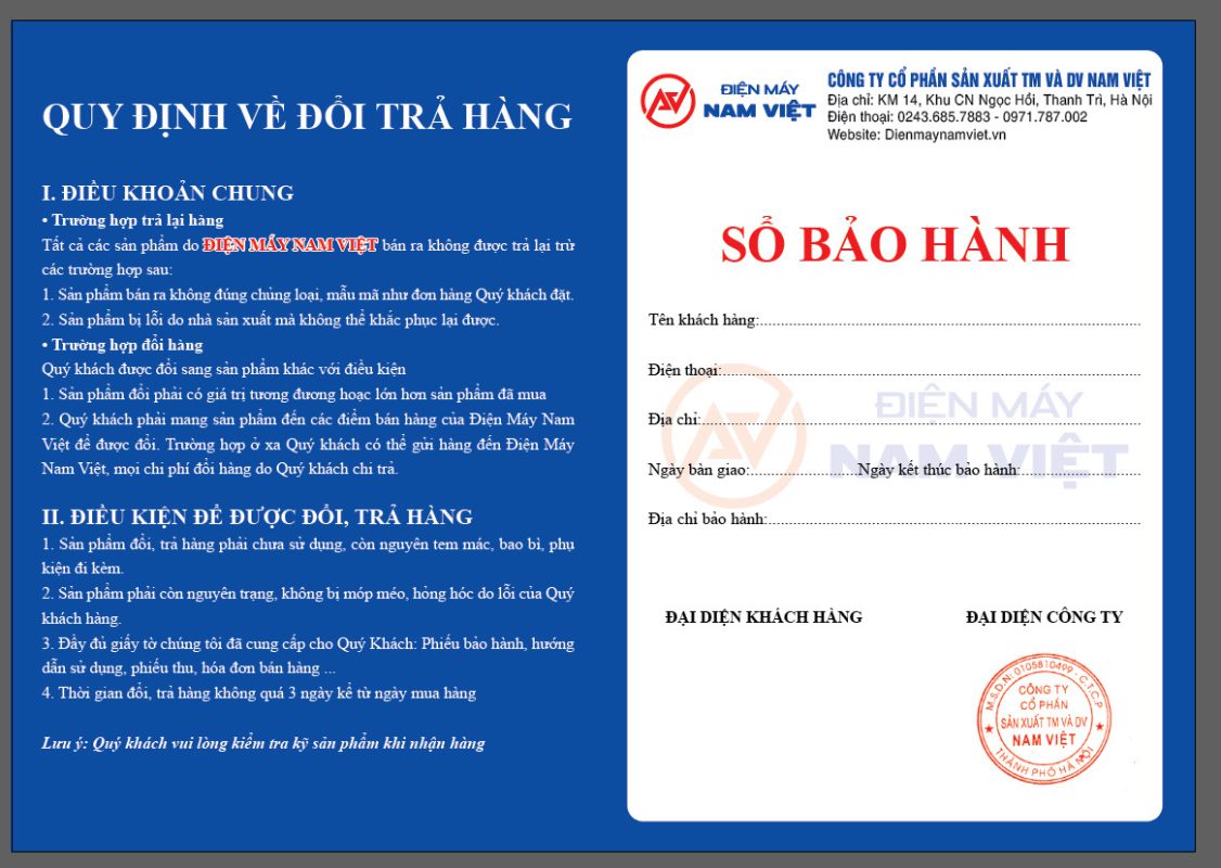 Sổ bảo hành Điện máy Nam Việt