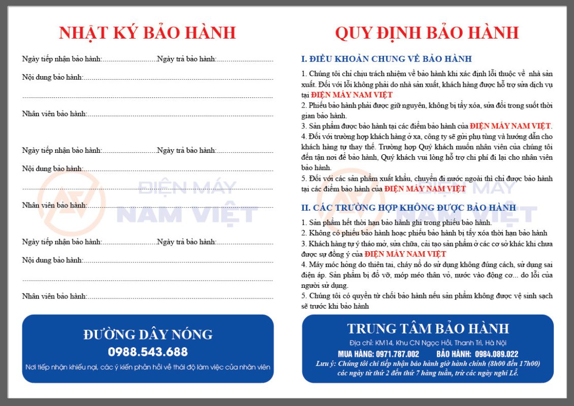 Sổ bảo hành Điện máy Nam Việt