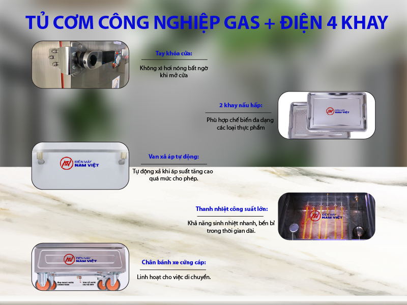 Cấu tạo và chức năng của tủ nấu cơm 4 khay gas + điện
