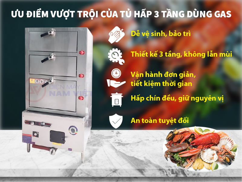 Ưu điểm vượt trội của tủ hấp 3 tầng dùng gas
