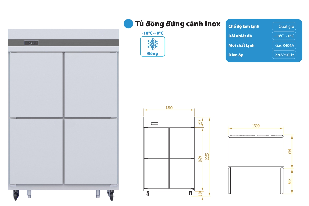 Tủ đông công nghiệp 4 cánh inox 1100L
