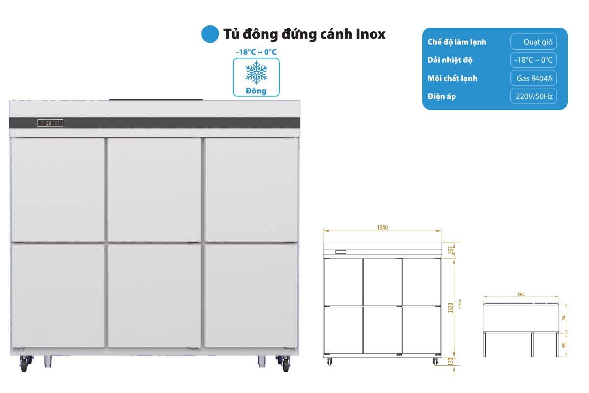 Tủ đông công nghiệp 6 cánh inox 1750L