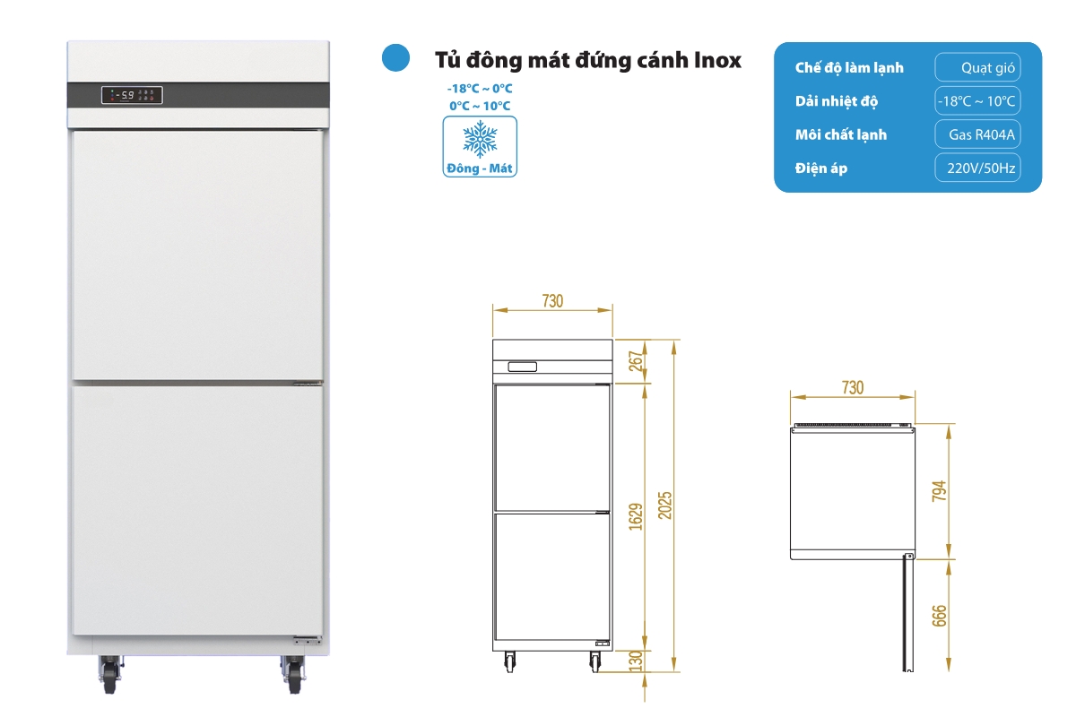 Tủ đông - mát công nghiệp 2 cánh inox 600L