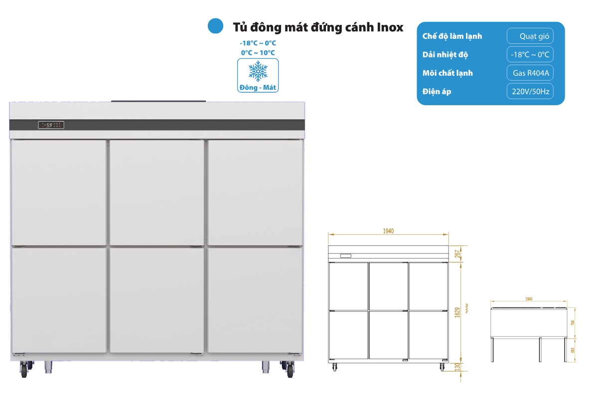 Tủ đông - mát công nghiệp 6 cánh inox 1750L