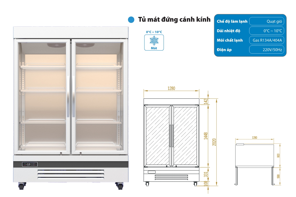 Tủ mát công nghiệp 2 cánh kính 1100L