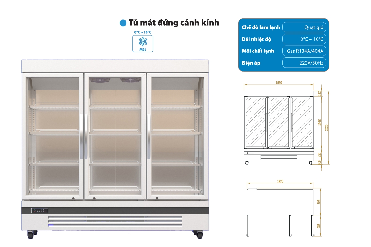 Tủ mát công nghiệp 3 cánh kính 1750L