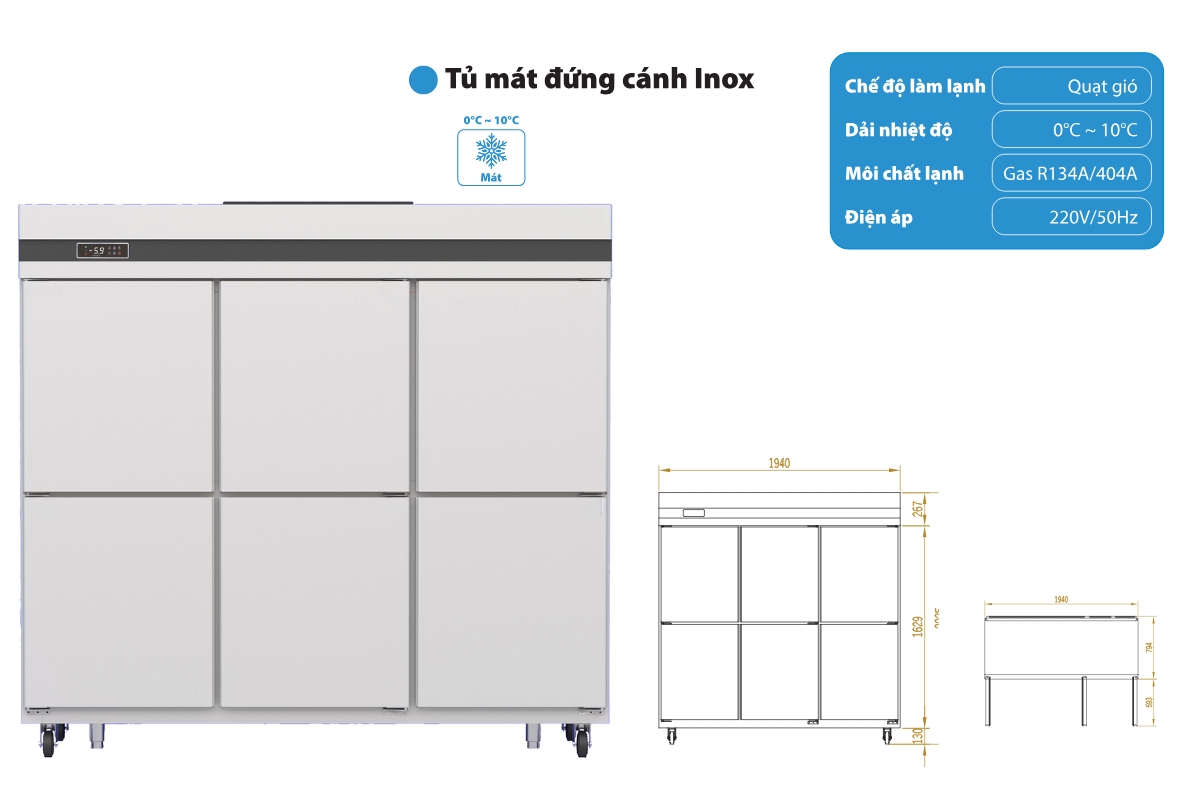 Tủ mát công nghiệp 6 cánh inox 1750L