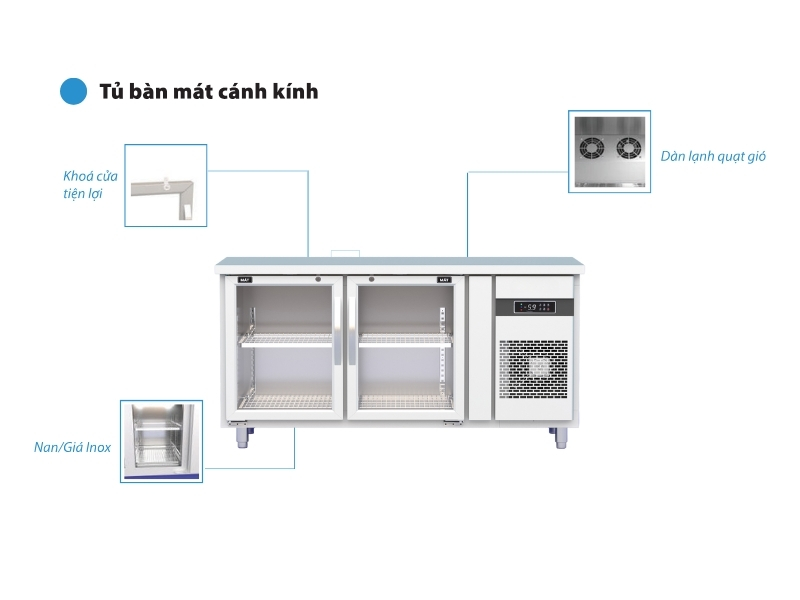 Bàn mát công nghiệp 2 cánh kính 1500x750