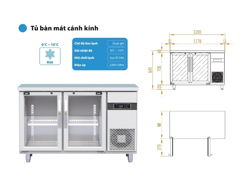 Bàn mát công nghiệp 2 cánh kính 1200x750