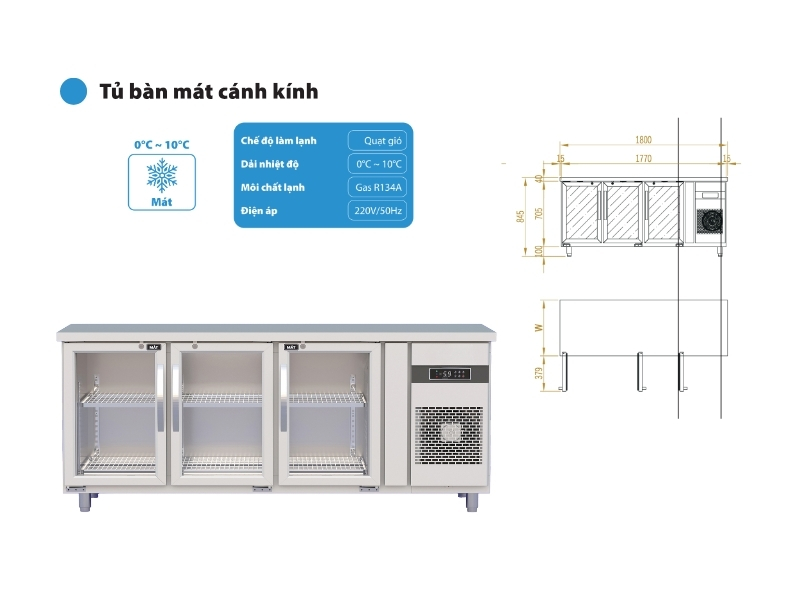 Bàn mát công nghiệp 3 cánh kính