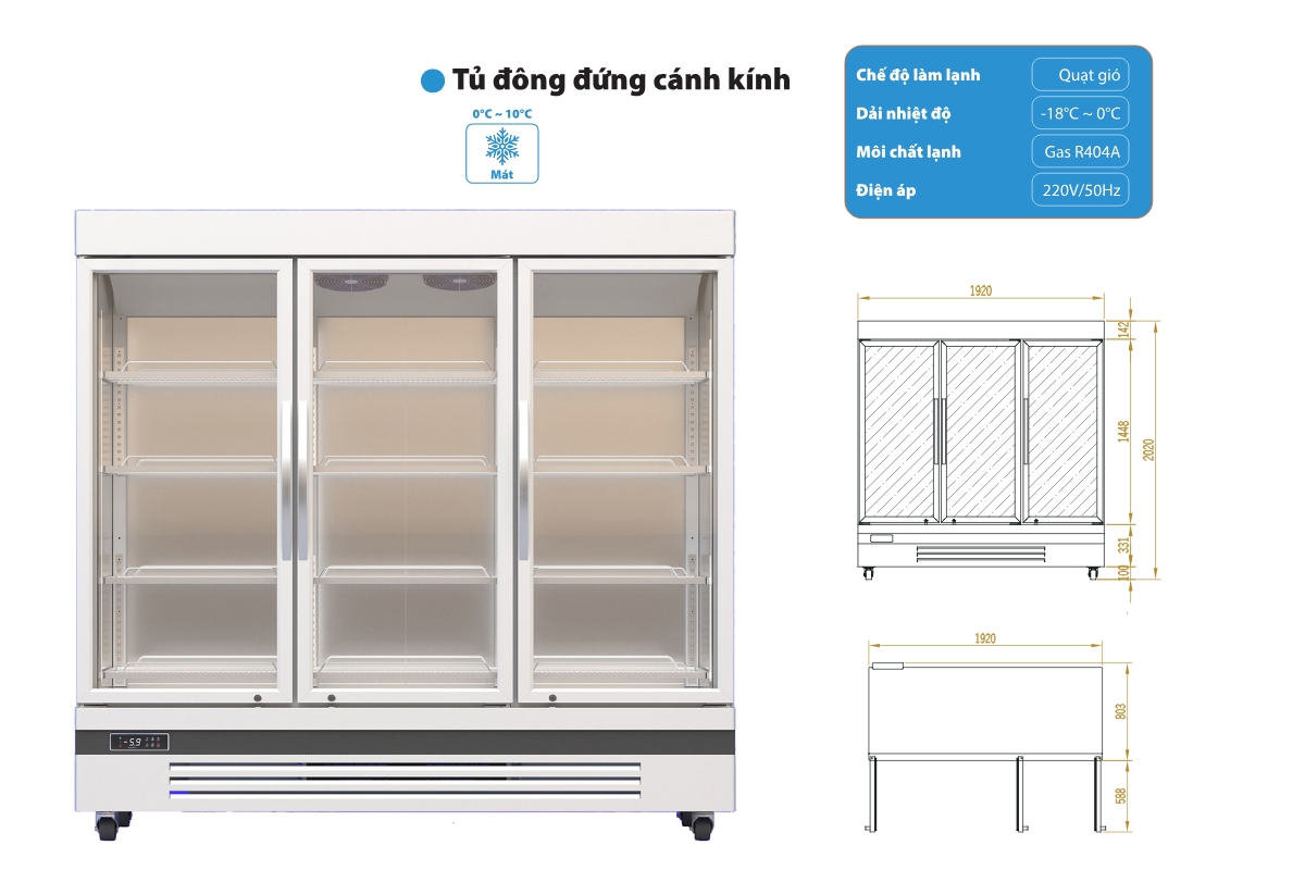 Tủ đông công nghiệp 3 cánh kính 1750L